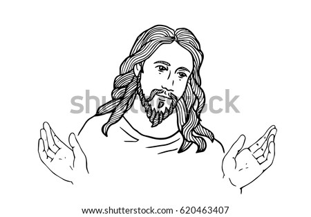 graphical face of Jesus .Face of Jesus. open hands