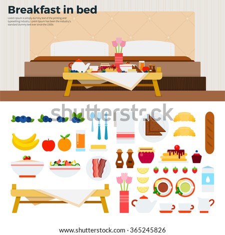 Breakfast in bed vector flat illustrations. Table with breakfast in the bedroom. Eating concept. Food, fruits, cakes, meat isolated on white background