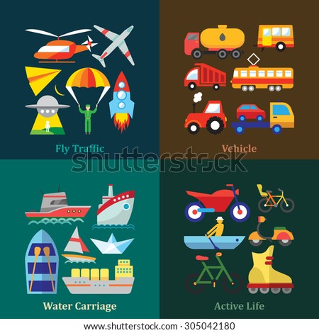 Set of flat design concepts of various transport use, including transportation by air, by water, wheeled vehicle use and sport activities on colored background