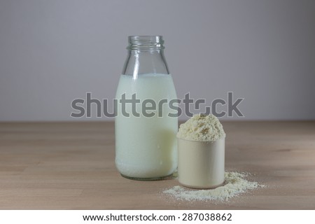 a scoop of whey and a bottle of milk