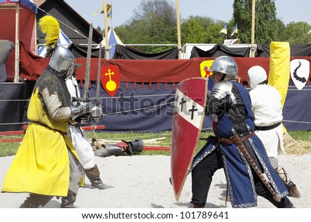 STETTENFELS, GERMANY - MAY 1: Medieval knights used in battle, tournament at the Castle Stettenfels on May 1, 2012 in Stettenfels, Germany.