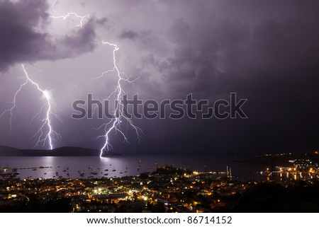 Thunderstorm with lightning over the city of Bodrum in Turkey