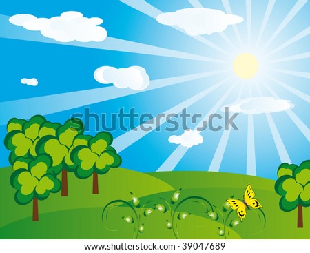 Green landscape on a sunny day. Vector illustration