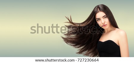 Hair salon. Beauty Fashion Model Woman  Long Banner,Healthy Brown Hair looking at camera. Hairdresser,hairstyle concept
