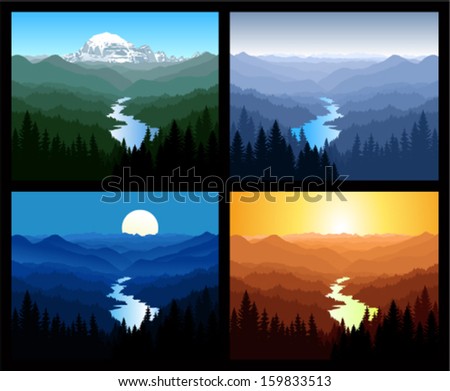 set of vector mountains landscapes with river
