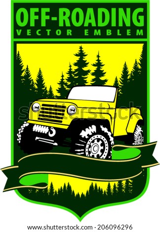 Vector emblem with 4x4 vehicle off-road car and mountains forest