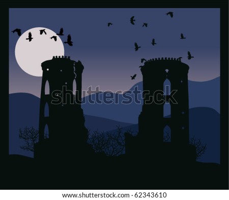 vector night castle with crows