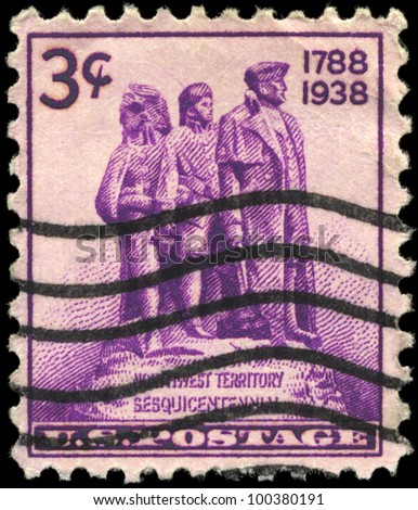 USA - CIRCA 1938: A stamp printed in USA shows the Statue symbolizing Colonization of the West, Sesquicentennial of the settlement of the Northwest Territory, circa 1938