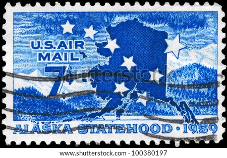 USA - CIRCA 1959: A stamp printed in USA shows Big Dipper, North Star & Map, Alaska Statehood Issue, circa 1959