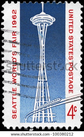 USA - CIRCA 1962: A stamp printed in USA shows Space Needle and Monorail, Seattle WorldÃ?Â¢??s Fair Issue, circa 1962