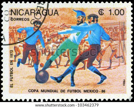 NICARAGUA - CIRCA 1985: A Stamp printed in NICARAGUA shows the Evolution of Soccer (1500), World Cup Soccer Championships, Mexico, circa 1985