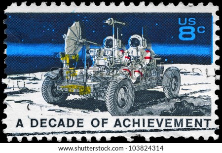 USA - CIRCA 1971: A Stamp printed in USA shows the Lunar Rover, Apollo 15 moon exploration mission July 26-August 7, Space Achievement Decade Issue, circa 1971