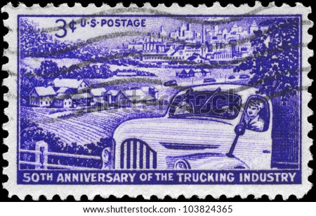 USA - CIRCA 1953: A Stamp printed in USA shows the Truck, Farm and Distant City, Trucking Industry 50th anniversary, circa 1953