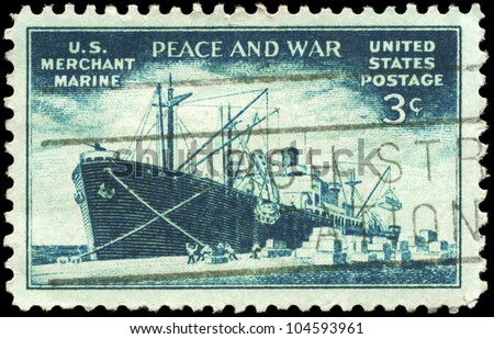 USA - CIRCA 1946: A Stamp printed in USA shows the Liberty Ship unloading Cargo, achievements of the US Merchant Marine in WWII, circa 1946