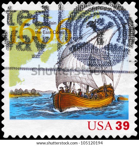 USA - CIRCA 2006: A Stamp printed in USA shows the Ship and Map, exploration of East Coast by Samuel de Champlain, 400th anniversary, circa 2006