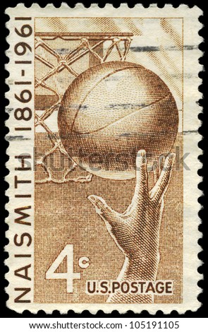 USA - CIRCA 1961: A Stamp printed in USA shows the Hand and Ball, honoring basketball and James Naismith (1861-1939), who invented the game in 1891, circa 1961