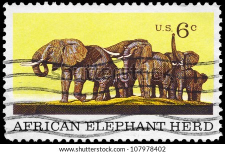 USA - CIRCA 1969: A Stamp printed in USA shows the African Elephant Herd, Natural History issue, circa 1969