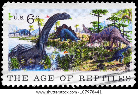 USA - CIRCA 1969: A Stamp printed in USA shows the Brontosaurus, Stegosaurus & Allosaurus, Natural History issue, circa 1969
