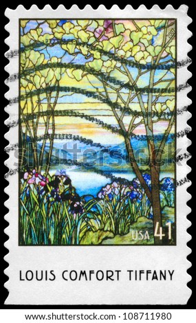 USA - CIRCA 2007: A Stamp printed in USA shows Magnolia and Irises, Stained Glass by Louis Comfort Tiffany (1848-1933), American Treasures series, circa 2007