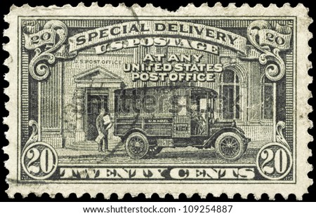 USA - CIRCA 1925: A Stamp printed in USA shows the Postman and Post Office Truck, Special Delivery issue, circa 1925