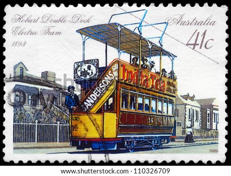 AUSTRALIA - CIRCA 1989: A Stamp printed in AUSTRALIA shows the Double-deck Electric Tram, Hobart, 1893, series, circa 1989