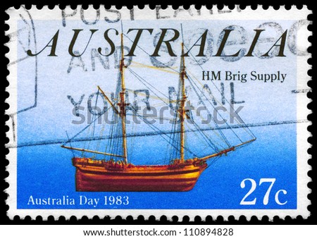 AUSTRALIA - CIRCA 1983: A Stamp printed in AUSTRALIA shows the HM Brig Supply, Australia Day series, circa 1983