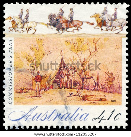 AUSTRALIA - CIRCA 1990: A Stamp printed in AUSTRALIA shows CommissionerÃ?Â¢??s tent, Gold Rush series, circa 1990
