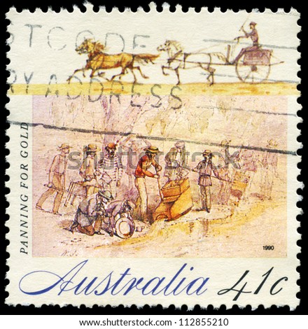 AUSTRALIA - CIRCA 1990: A Stamp printed in AUSTRALIA shows the Panning for Gold, Gold Rush series, circa 1990