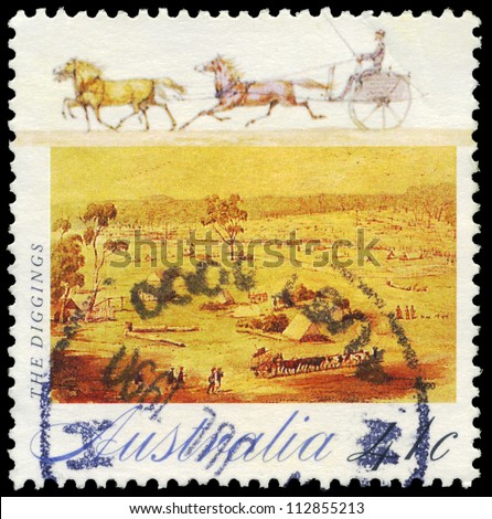 AUSTRALIA - CIRCA 1990: A Stamp printed in AUSTRALIA shows the Digging, Gold Rush series, circa 1990
