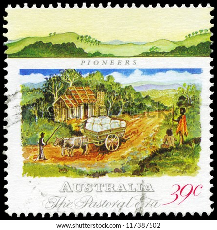 AUSTRALIA - CIRCA 1989: A Stamp printed in AUSTRALIA shows the Pioneers Hut, Wool Bales in Dray, Pastoral Era series, circa 1989