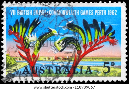 AUSTRALIA - CIRCA 1962: A Stamp printed in AUSTRALIA shows the View of Perth and Kangaroo Paw, circa 1962