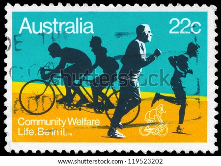 AUSTRALIA - CIRCA 1980: A stamp printed in AUSTRALIA shows the Joggers and Bicyclists, with the inscription \