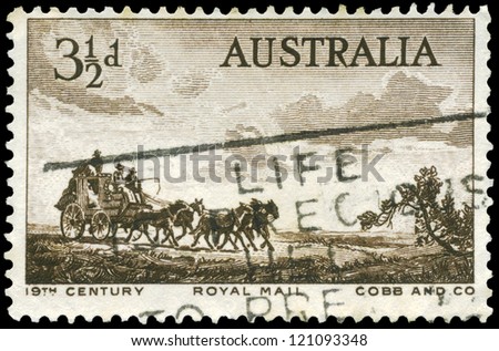 AUSTRALIA - CIRCA 1955: A Stamp printed in AUSTRALIA shows the Cobb and Company Mail Coach, Pioneers of Australias coaching era, circa 1955