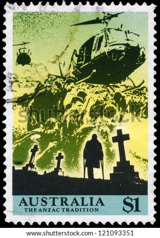 AUSTRALIA - CIRCA 1990: A Stamp printed in AUSTRALIA shows the Helicopters picking up wounded and Cemetery, Scenes from War, ANZAC series, circa 1990