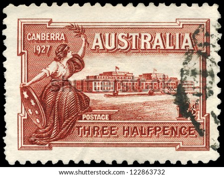 AUSTRALIA - CIRCA 1927: A Stamp sheet printed in Australia shows the Parliament House, Canberra, celebrate opening issue, circa 1927
