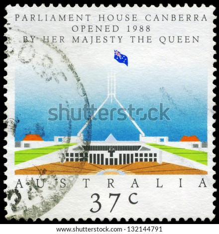 AUSTRALIA - CIRCA 1988: A Stamp sheet printed in AUSTRALIA shows the Opening of new Parliament House, Canberra, circa 1988