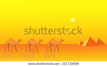 Desert landscape with the camels and pyramids