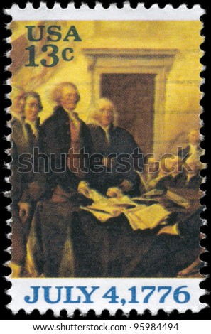 USA - CIRCA 1976: A Stamp printed in USA shows the Declaration of Independence, by John Trumbull, (fragment), circa 1976