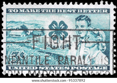 USA - CIRCA 1952: A Stamp printed in USA shows the Farm, Club emblem, Boy and Girl, 4-H Club Issue, circa 1952
