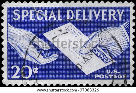 USA - CIRCA 1954: A Stamp printed in USA shows the Special Delivery Letter, Hand to Hand, series, circa 1954
