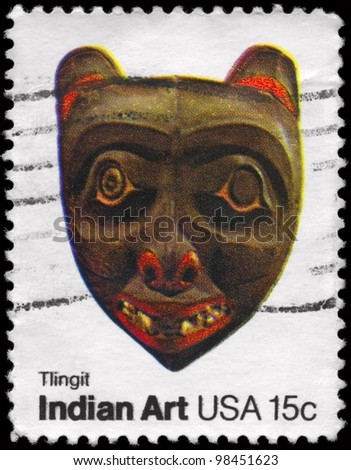 USA - CIRCA 1980: A Stamp printed in USA shows the Mask of Tlingit tribe, Pacific Northwest Indian Masks, American Folk Art Series, circa 1980