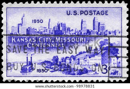 USA - CIRCA 1950: A Stamp printed in USA shows Kansas City Skyline, 1950 and Westport Landing, 1850, Incorporation of Kansas City, centennial, circa 1950