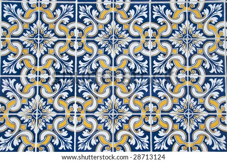 Portuguese glazed tiles (yellow and dark blue), closeup