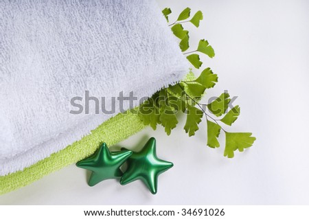 well being concept with towel, bath-oil capsules and plants on white background