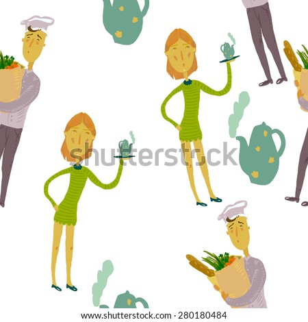 Seamless pattern, which shows a young waitress and chef with a package of products in his hands