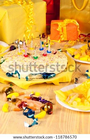 Child birthday party: cake, sweets and presents