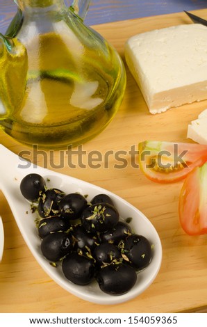 Still life with some of the classic Greek ingredients
