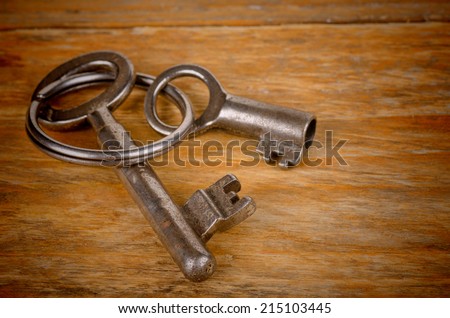 Old keys and key ring on a wooden background