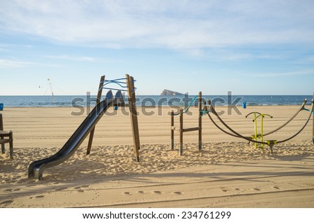 Leisure equipment on Benidorm beach, Costa Blanca, Spain