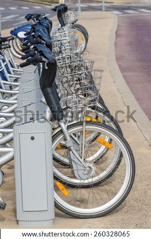 Bicycle rental station in a city, zero emission transport